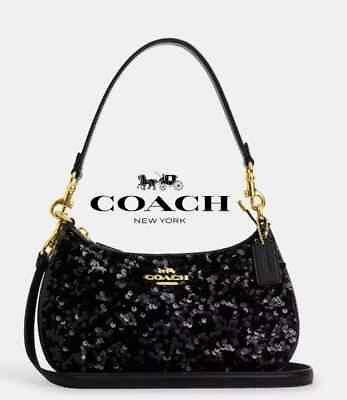 #ad NEW Authentic Coach Teri CO95 Black Sequin Shoulder Bag Purse Gold Hardware