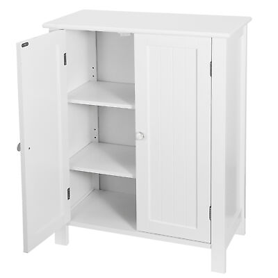 #ad Bathroom Floor Cabinet Storage White Wooden Cupboard 3 Shelves Free Standing