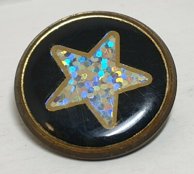 #ad GOLD TONE GLITTER STAR BLACK PIN BADGE NOVELTY COLLECTABLE COSMIC MYSTIC