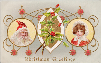 #ad Christmas Greetings Santa Claus Little Girl UNUSED c1910 A.S. Meeker Postcard G8