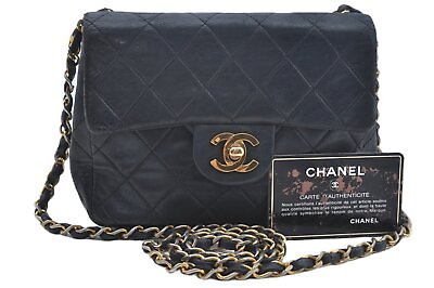 Authentic CHANEL Lamb Skin Matelasse Chain Shoulder Cross Bag Black CC J9008