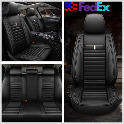 #ad Black PU Leather Car FrontRear Seat Covers Cushion 5D Full Surrounded US Stock