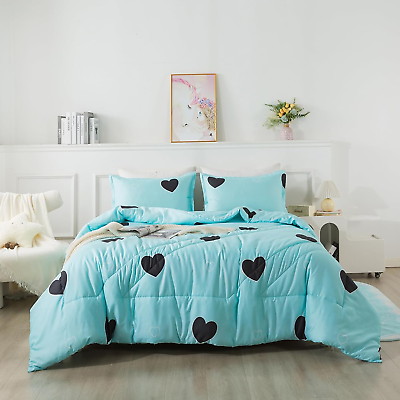 #ad Love Pattern Girls Comforter Set Queen Size Sky Blue Cute Love Heart Print Comf