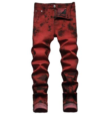 #ad Mens Wine Red Denim Cotton Jeans Straight Leg Casual Punk Hip Hop Pants Trousers