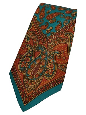 #ad Vintage Paisley 100% Silk Green Teal Rust Coloring Mens Neck Tie USA Made