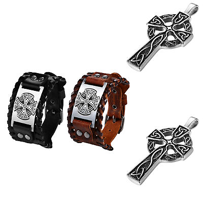 #ad 2PCS Mens Celtic Cross Irish Knot Stainless Steel Necklace Leather Bracelet Sets