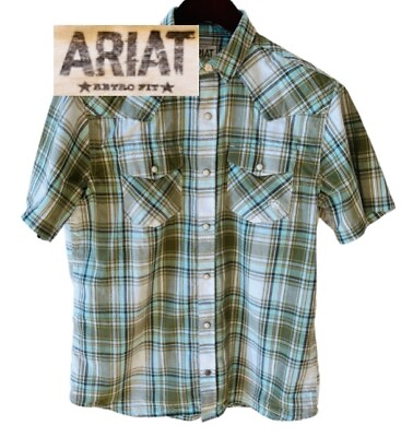 #ad Ariat Mens Size M Atticus Retro Fit Short Sleeve Pearl Snap Cotton Green Shirt