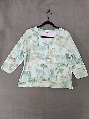 #ad Caribbean Joe Womens Palm Tree Shirt Teal Size XL Vneck 3 4 Sleeve