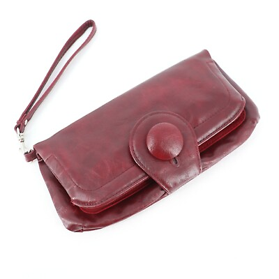 #ad Mod Wristlet Clutch Wallet Women Large Burgundy Leather Big Button Snap Detail