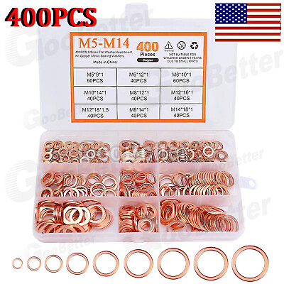 #ad 400PCS Solid Copper Crush Washer Gasket Set Flat O Ring Seal Assortment Kits USA