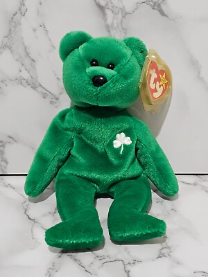 #ad TY Beanie Babies Erin Green Teddy Bear White Clover Stuffed Animal Plush Toy