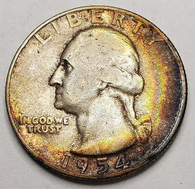 #ad 1954 Washington Quarter Rainbow Toned Silver Coin Natural Album Toning