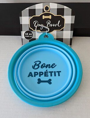 #ad Woof Dog Bowl quot;Bone Appetitquot; Collapsable Travel Hiking Camping Blue BPA Free