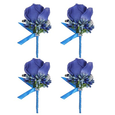 #ad 4 Pcs Boutonnieres Wedding Rose Boutonnieres with Pin and Clip Dark Blue