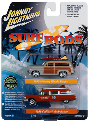 #ad Johnny Lightning Surf Rods Mercury Woody Wagon amp; Cadillac Ambulance 2Pk 1:64 Car