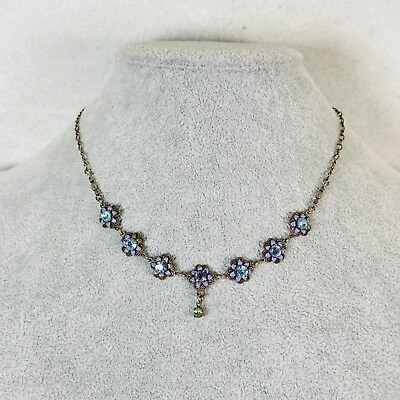 #ad Clara Beau Necklace Flowers Blue Crystal Silver Tone 18quot; Costume Jewelry