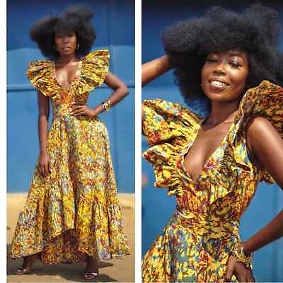 #ad SIKA Yellow Phoenix Ruffle Sleeve Cotton Batik Maxi Dress Size 8