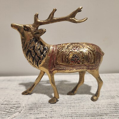 #ad Vintage Made in India Brass Stag Reindeer 4quot; Hand Painted Design Animal Figure