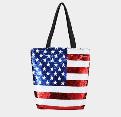 #ad NEW SEQUIN American USA Flag Stars and Stripes Beach Bag TOTE Bag Red White Blue