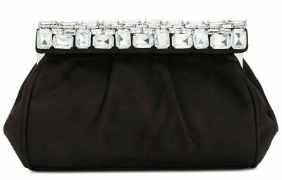 INC Rhinestone Shoulder Bag Clutch Kelli Black Evening Silver Chain Vegan Suede $29.99