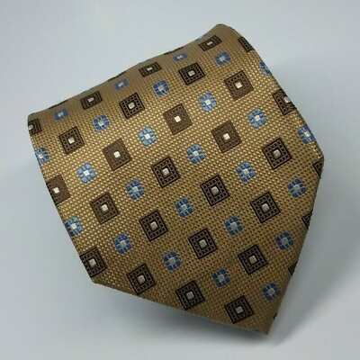 #ad Tasso Elba Silk Tie Brown Blue White Geometric Men Necktie 59 x 3.7 8