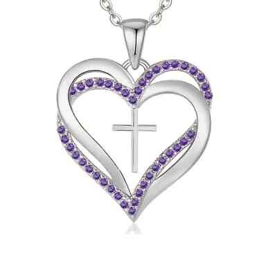 #ad Cross In Heart Pendant Necklace 925 Silver Lab Created 0.20 Ct Round Amethyst