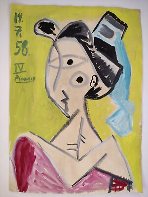 #ad Pablo Picasso Painting Drawing on Old Paper Signed Stamped 2