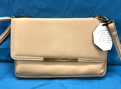 #ad NWT NEW DIRECTION Pebble Faux Leather SAFE KEEPER Beige CROSSBODY WALLET BAG