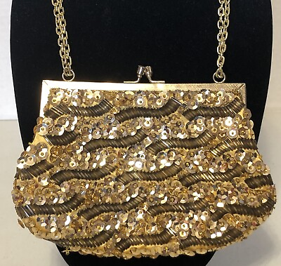 #ad Ladies Gold Beaded amp; Sequin Handbag Purse Clutch Adjustable Strap Beautiful