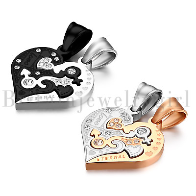 #ad 2pcs His and Hers Matching Heart quot;Love Eternalquot; Stainless Steel Pendant Necklace