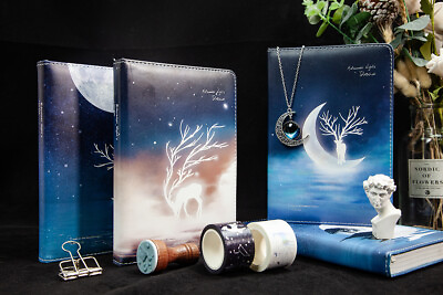 #ad Glow in the Dark Deer Moon A6 Diary BUJO Journal Gift Box Washi Stamp Pendant