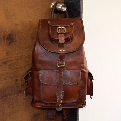 #ad Vintage Genuine Leather Backpack Bag Satchel Briefcase Laptop Brown Travel New