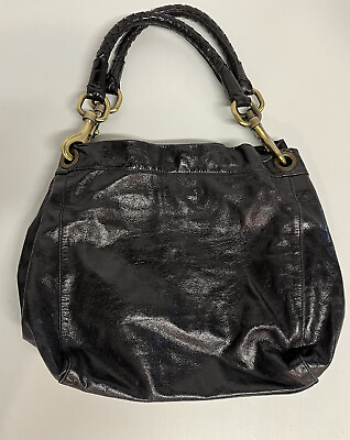 #ad Abro Purse Black Leather Handbag Hobo Style Shoulder bag Brass Hardware