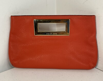 #ad Michael Kors Berkley Orange Pebbled Leather Clutch Bag Gold Handles Purse