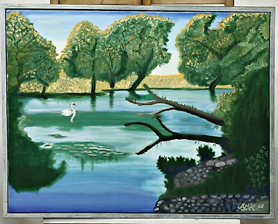 #ad SWAN BY THE WATER OIL PAINTING ON CANVAS