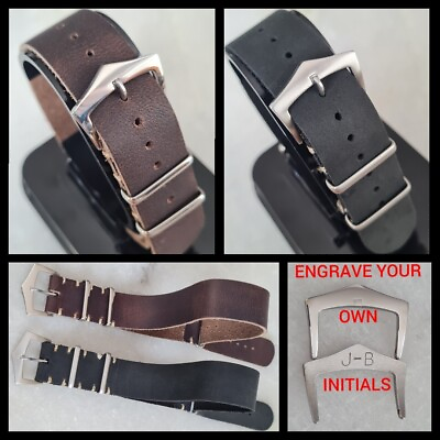 #ad 20mm NAT Leather One Piece Band Watch Strap Military Patek Style PERSONALISED