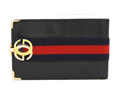 #ad Gucci Wallet Bifold Short Purse Card Sherry GG Buckle Leather Navy Authentic