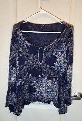 #ad Lucky Brand Blouse with Bell Sleeves Navy with Floral Design Medium