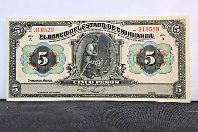 #ad 1913 El Banco Del Estado de Chihuahua 5 Pesos Series A UNC