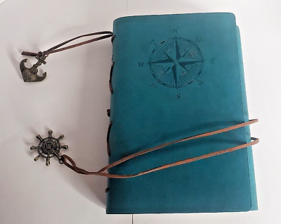 #ad Leather Writing Journal MaleDen Turquoise Nautical w compass rose Blue Green NEW