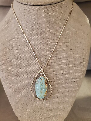 #ad Elegant Silver Tone amp; Faux Turquoise Pendant Necklace Oval In Teardrop Frame