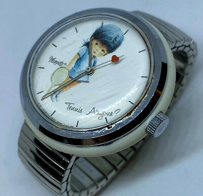 #ad Vintage Moppets Tennis Anyone Lady Silver White Hand Wind Mechanical Watch Hours