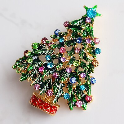 #ad Christmas Tree Brooch Colourful Crystal Xmas Tree Festive Broach Pin