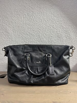 #ad Coach Leather Black Satchel Double Handle Detachable Strap Handbag