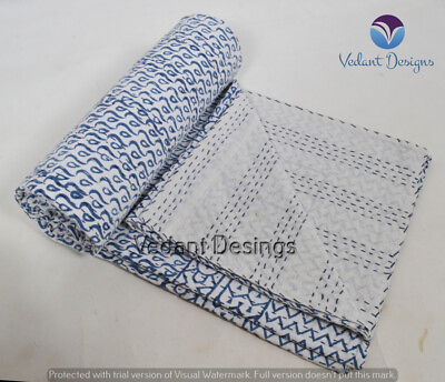 #ad Handmade Throw Bohemian Blanket Block Printed Kantha Quilt Indian Bedspread Twin