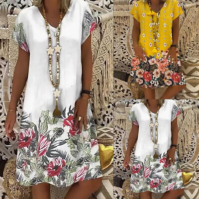#ad Women Boho Short Sleeve Floral V Neck Dress Summer Holiday Casual Loose Sundress