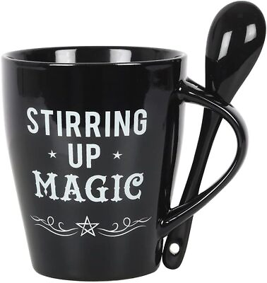 #ad Pacific Giftware Gothic Black Stirring Up Magic New Bone Ceramic Mug and Spoon
