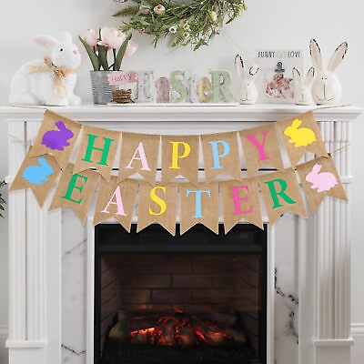 #ad 15Pcs Easter Burlap Banners Pre Strung Happy Easter with Bunny Burlap for Ea...