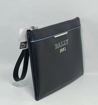 #ad Bally Men#x27;s Clutch Bag Black Real Leather 11.5quot; X 8quot; Zip Closure Phorter PRC