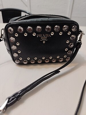 #ad Prada Black Crystal Embellished Patent Saffiano Crossbody Bag